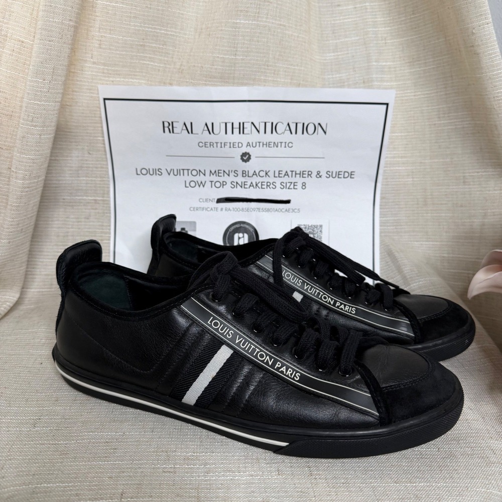 Louis Vuitton Cosmos Low Top Sneakers Black Leather Suede Mens Shoe Sz UK 8 US 9